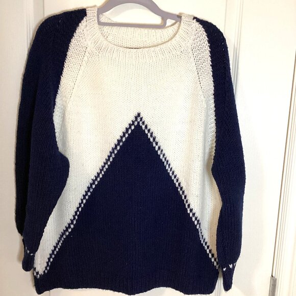 Women's Blue & White Knit Sweater Crew Neck Fisherman Nautical Preppy Tennis - Picture 1 of 5